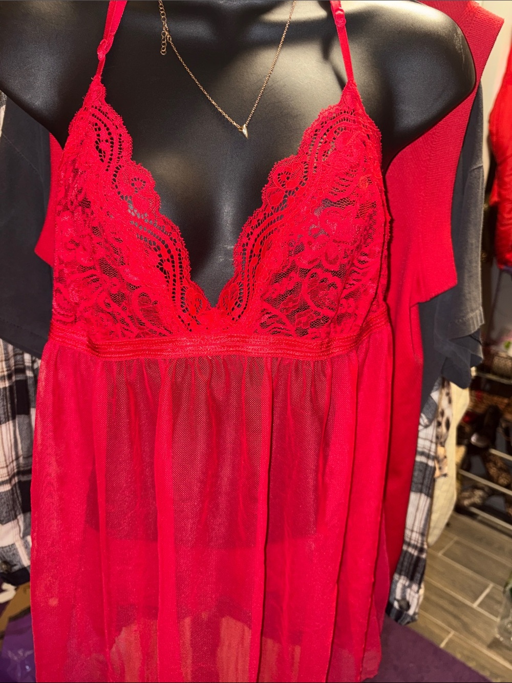 Linea Donatella Red Lace Sheer Babydoll Chemise XL